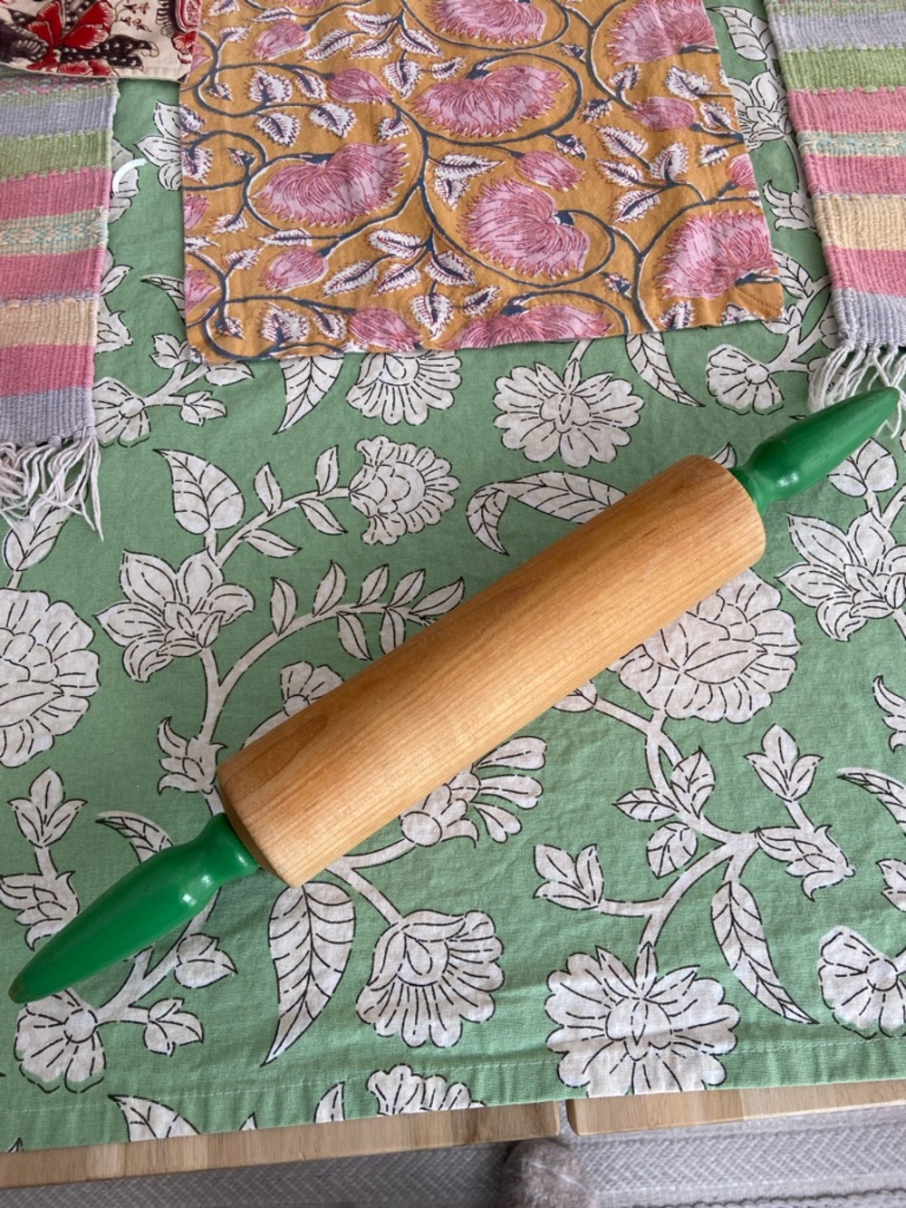 Vintage  Farmhouse Style Wooden Rolling Pin with Green Handles